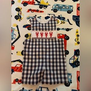 Shrimp & grits boys romper smocked 3T